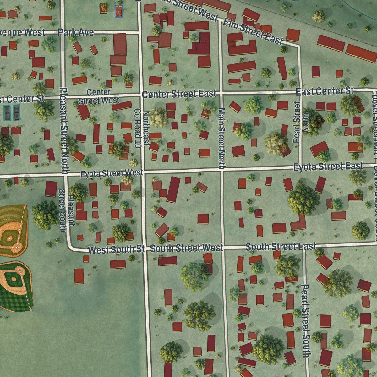 Close-up of the map of Dover, Minnesota print showing street and building detail