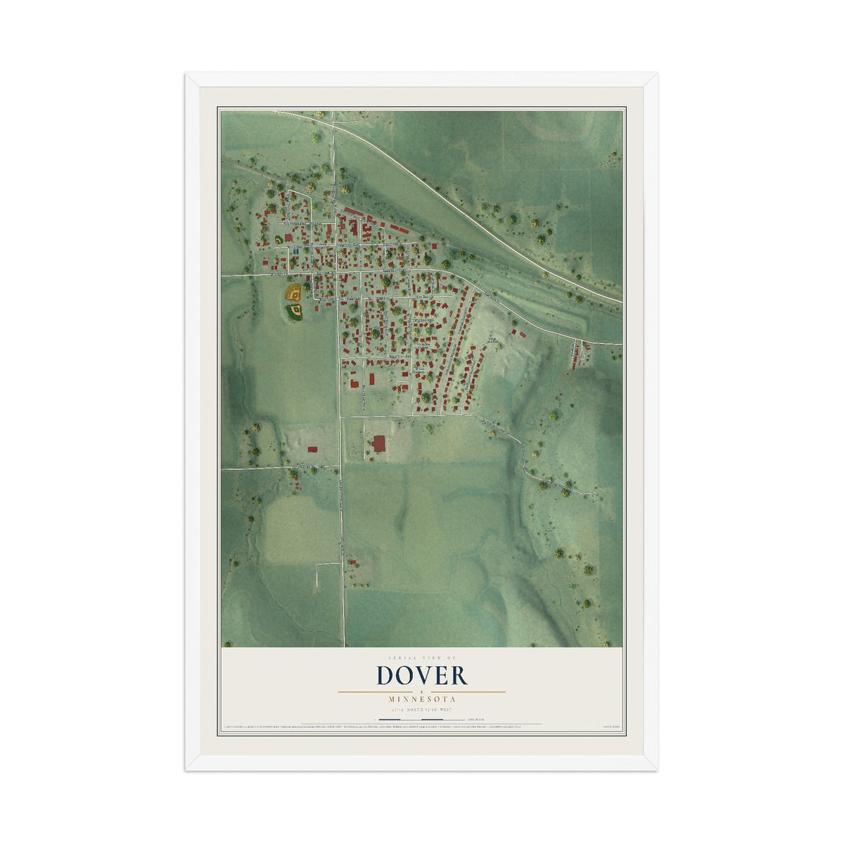 Map of Dover, Minnesota, 12 x 18 inch print in a white wood frame