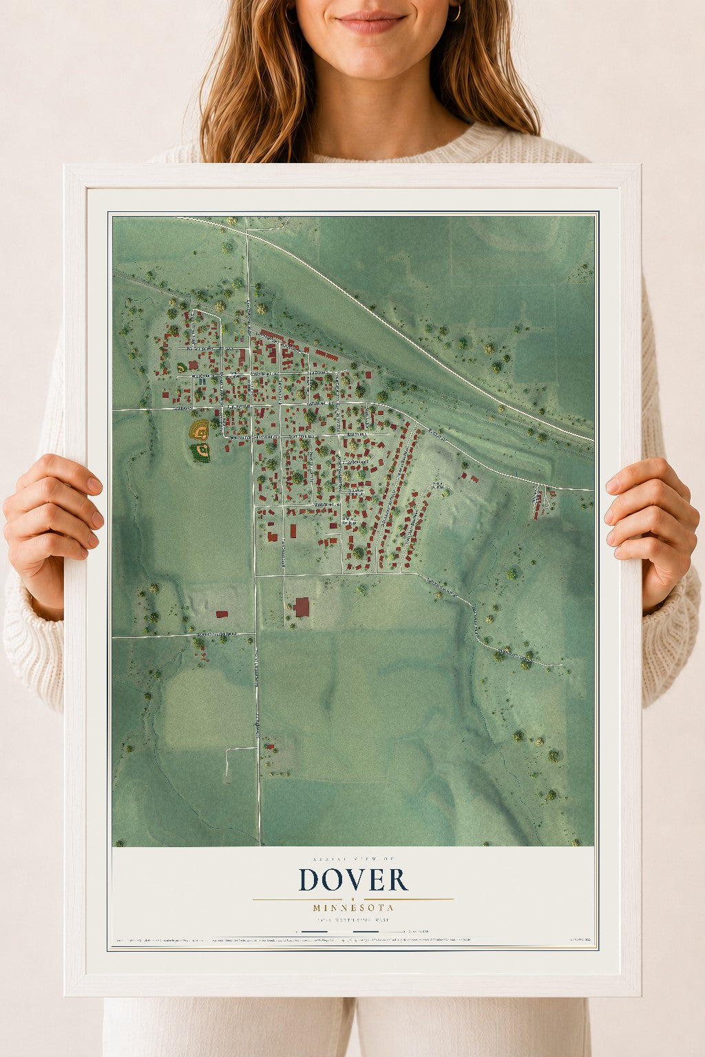 Map of Dover, Minnesota, 18 x 24 inch print in a white wood frame