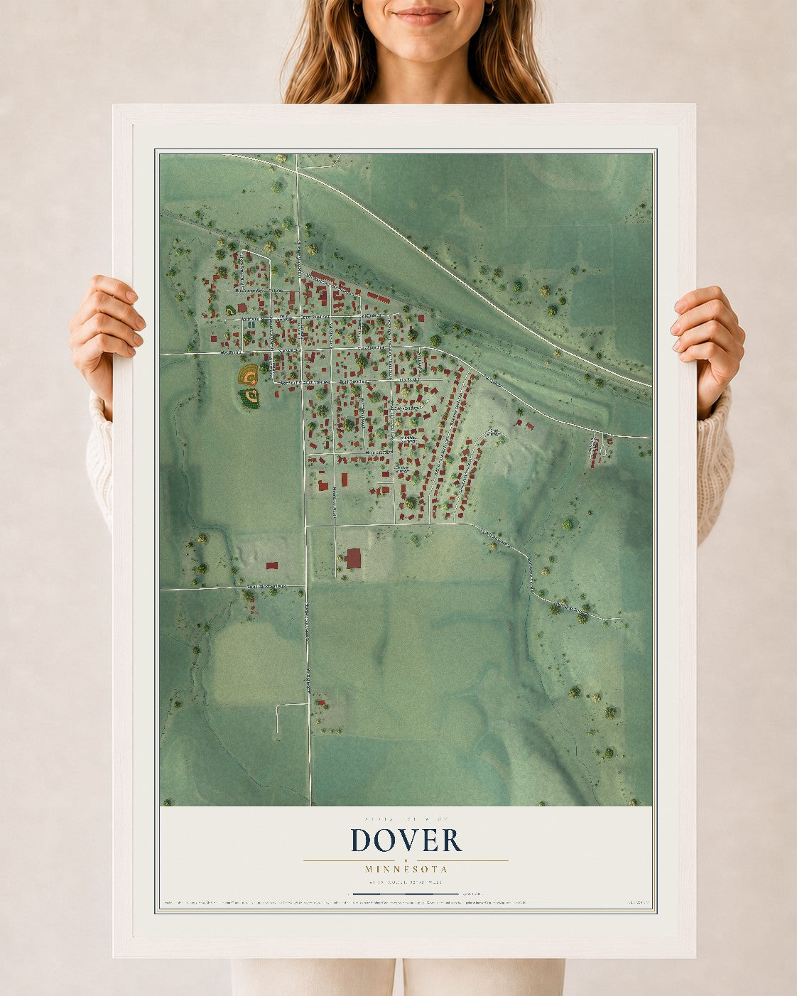 Map of Dover, Minnesota, 24 x 36 inch print in a white wood frame