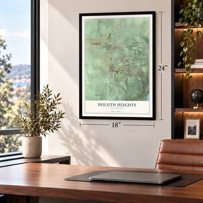 Duluth Heights, Minnesota map, 18 x 24 inch print in a black frame in a home office