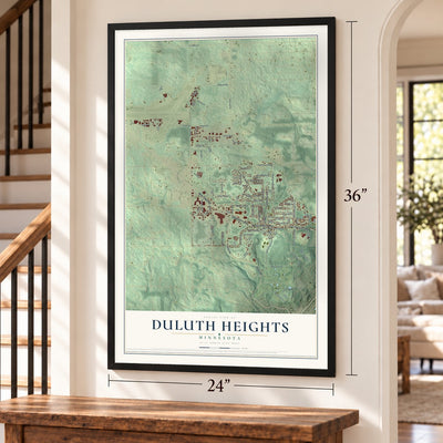 Duluth Heights, Minnesota map, 24 x 36 inch print in a black frame by a staircase