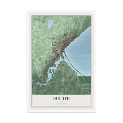 Map of Duluth, Minnesota, 12 x 18 inch print in a white wood frame