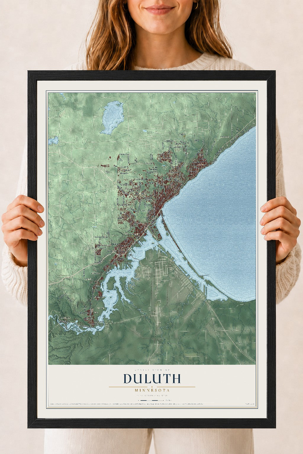 Map of Duluth, Minnesota, 18 x 24 inch print in a black wood frame
