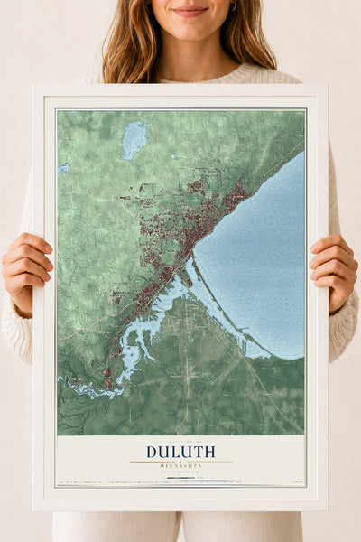 Map of Duluth, Minnesota, 18 x 24 inch print in a white wood frame