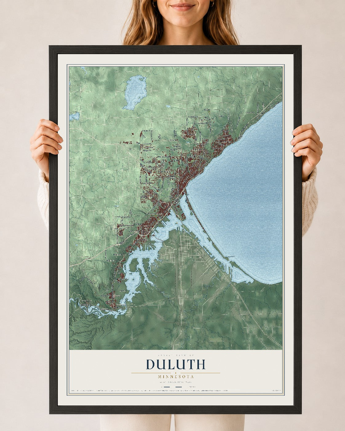 Map of Duluth, Minnesota, 24 x 36 inch print in a black wood frame
