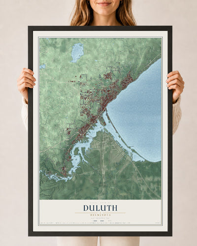 Map of Duluth, Minnesota, 24 x 36 inch print in a black wood frame
