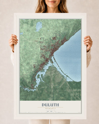 Map of Duluth, Minnesota, 24 x 36 inch print in a white wood frame