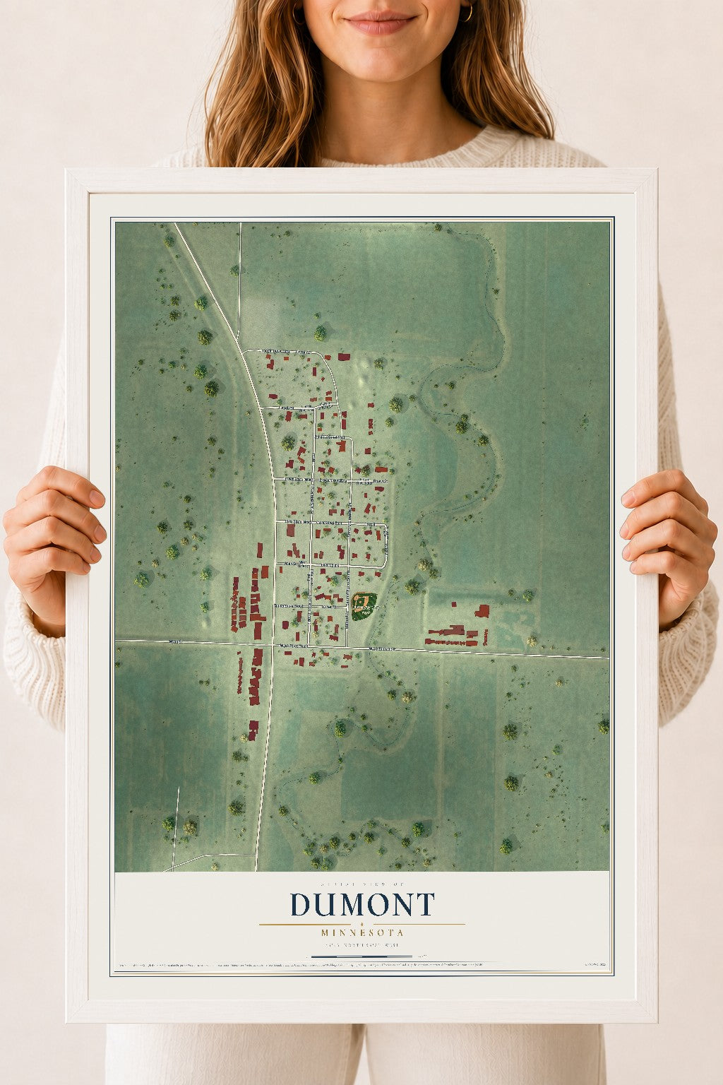 Map of Dumont, Minnesota, 18 x 24 inch print in a white wood frame
