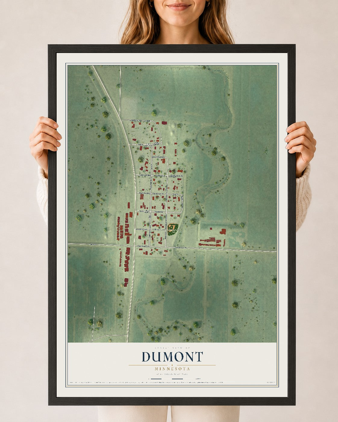 Map of Dumont, Minnesota, 24 x 36 inch print in a black wood frame
