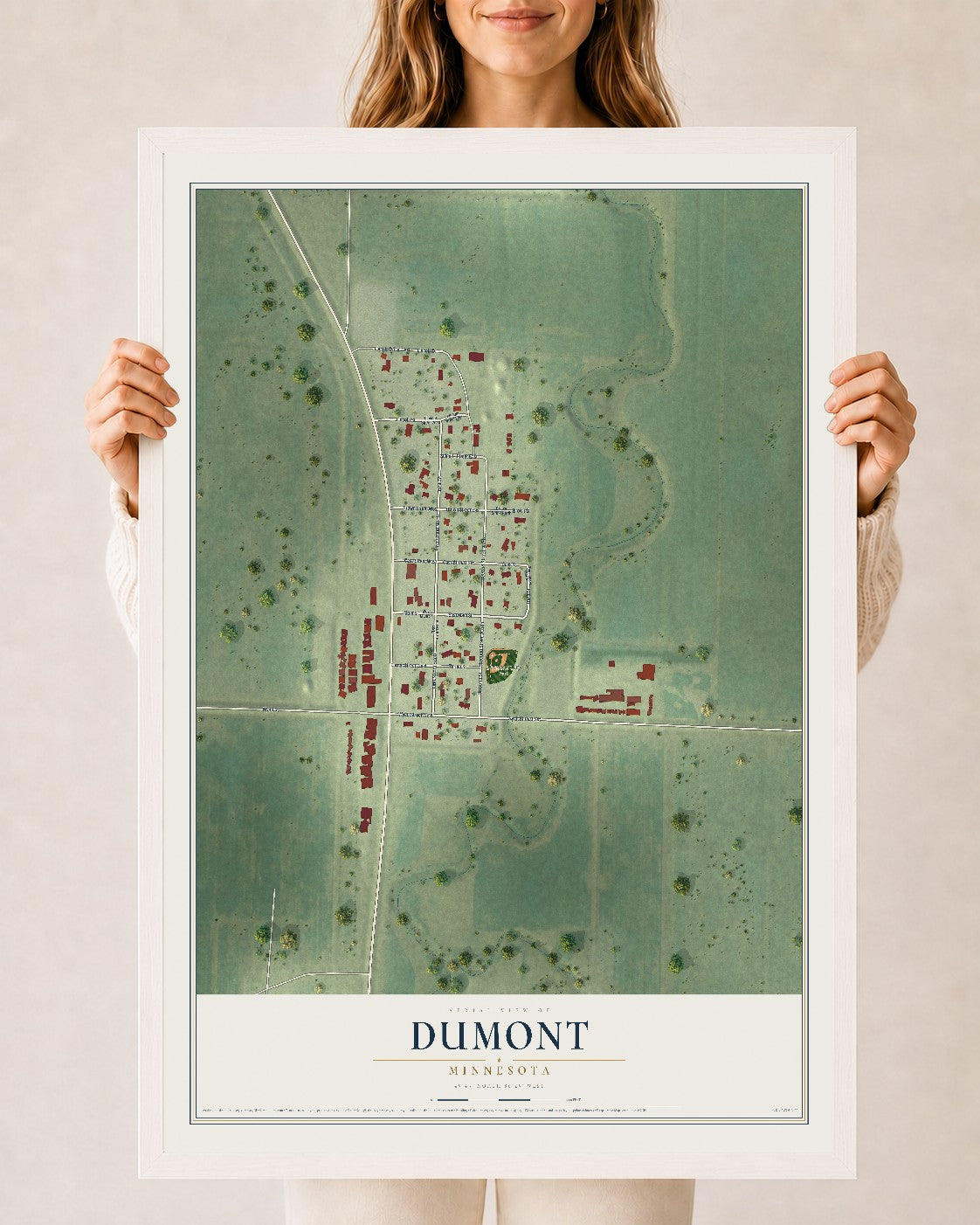 Map of Dumont, Minnesota, 24 x 36 inch print in a white wood frame