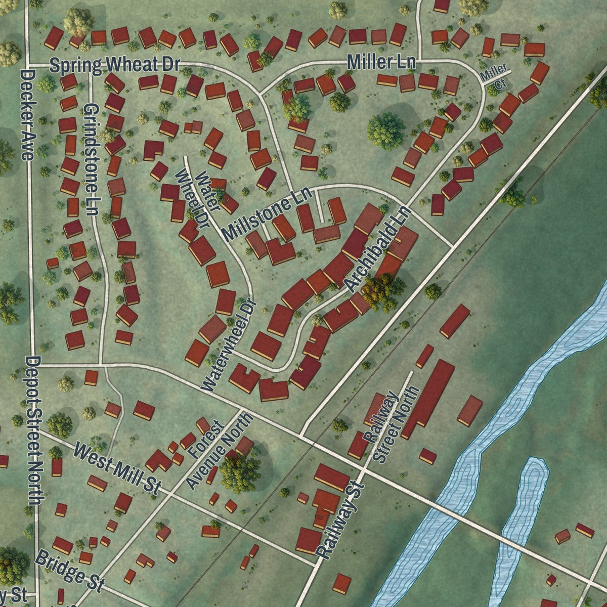 Close-up of the map of Dundas, Minnesota print showing street and building detail