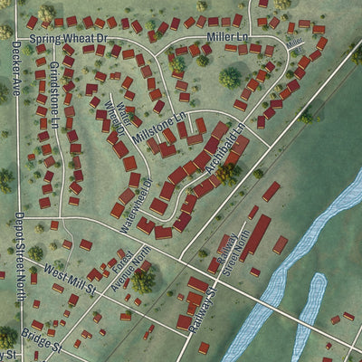 Close-up of the map of Dundas, Minnesota print showing street and building detail