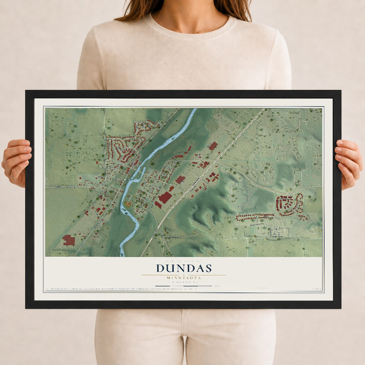 Map of Dundas, Minnesota, 12 x 18 inch print in a black wood frame