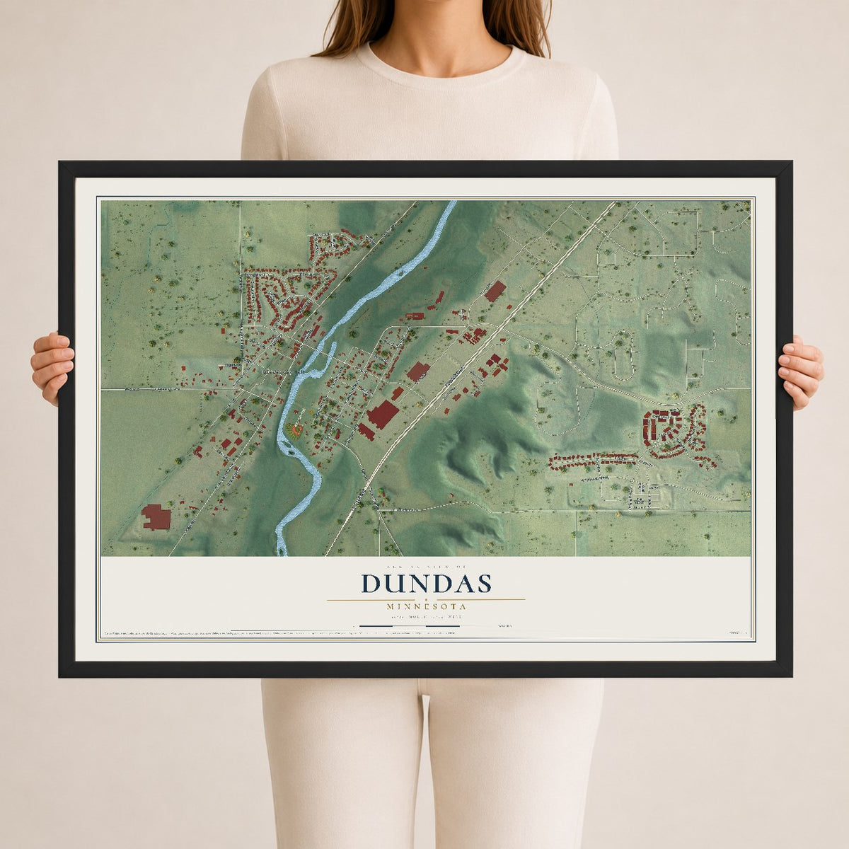 Map of Dundas, Minnesota, 24 x 36 inch print in a black wood frame