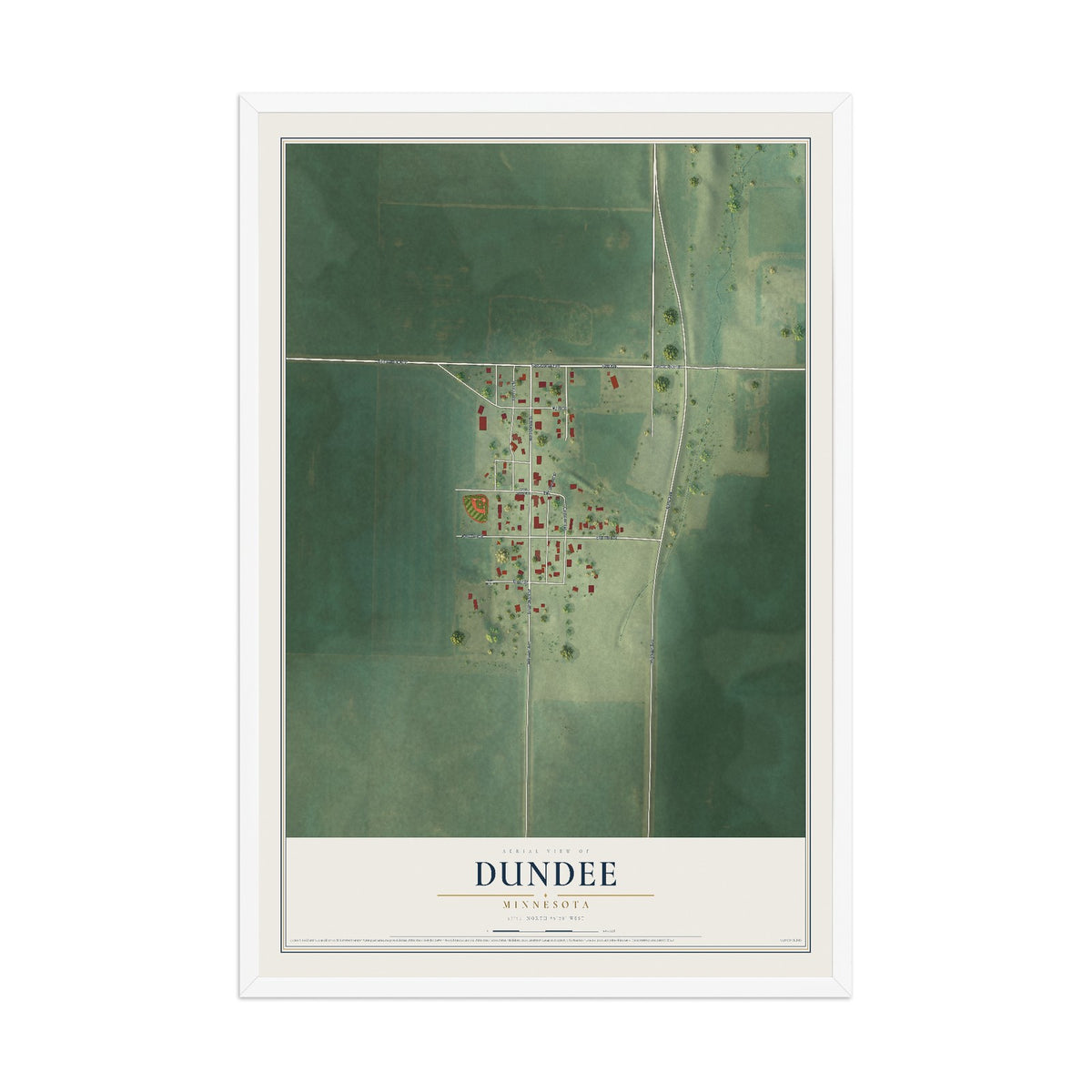 Map of Dundee, Minnesota, 12 x 18 inch print in a white wood frame
