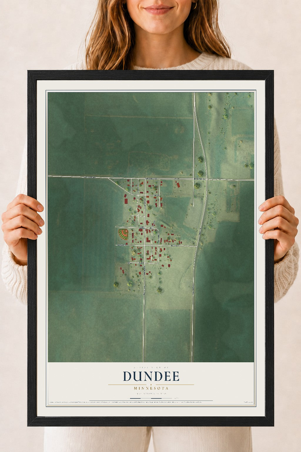 Map of Dundee, Minnesota, 18 x 24 inch print in a black wood frame