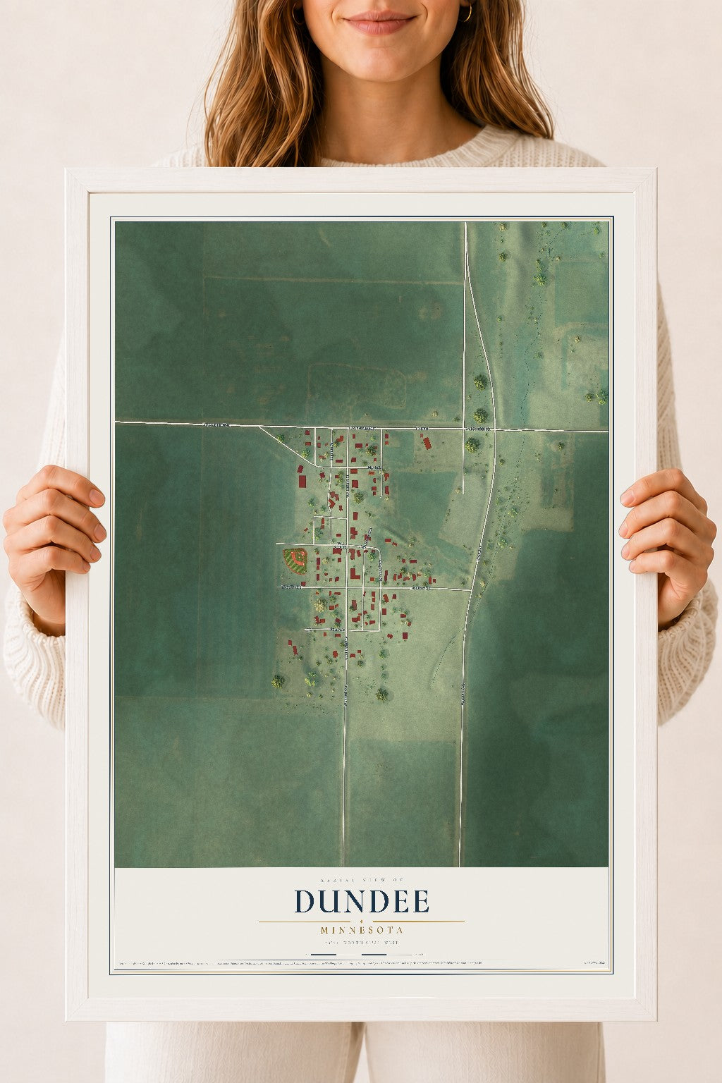 Map of Dundee, Minnesota, 18 x 24 inch print in a white wood frame