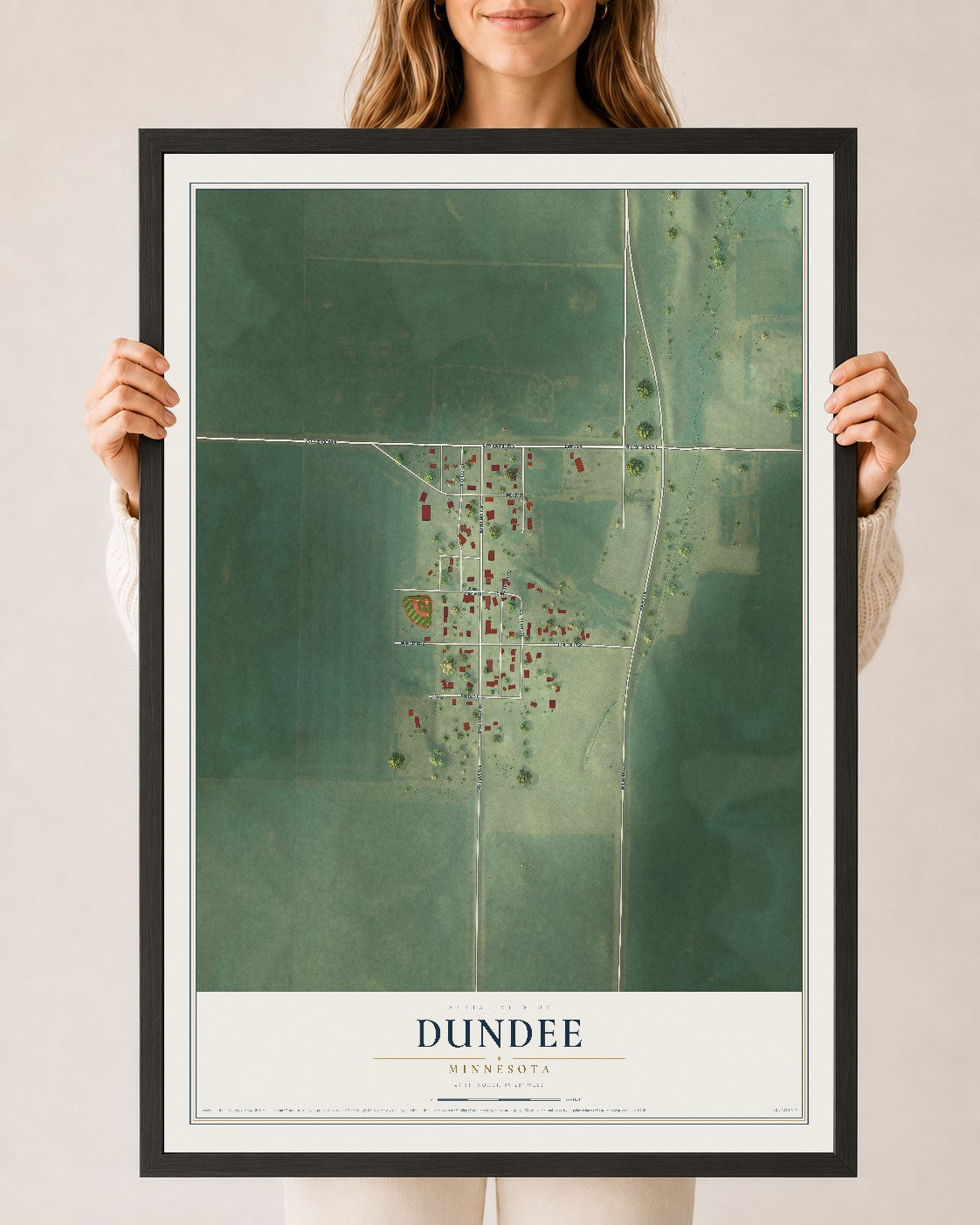 Map of Dundee, Minnesota, 24 x 36 inch print in a black wood frame