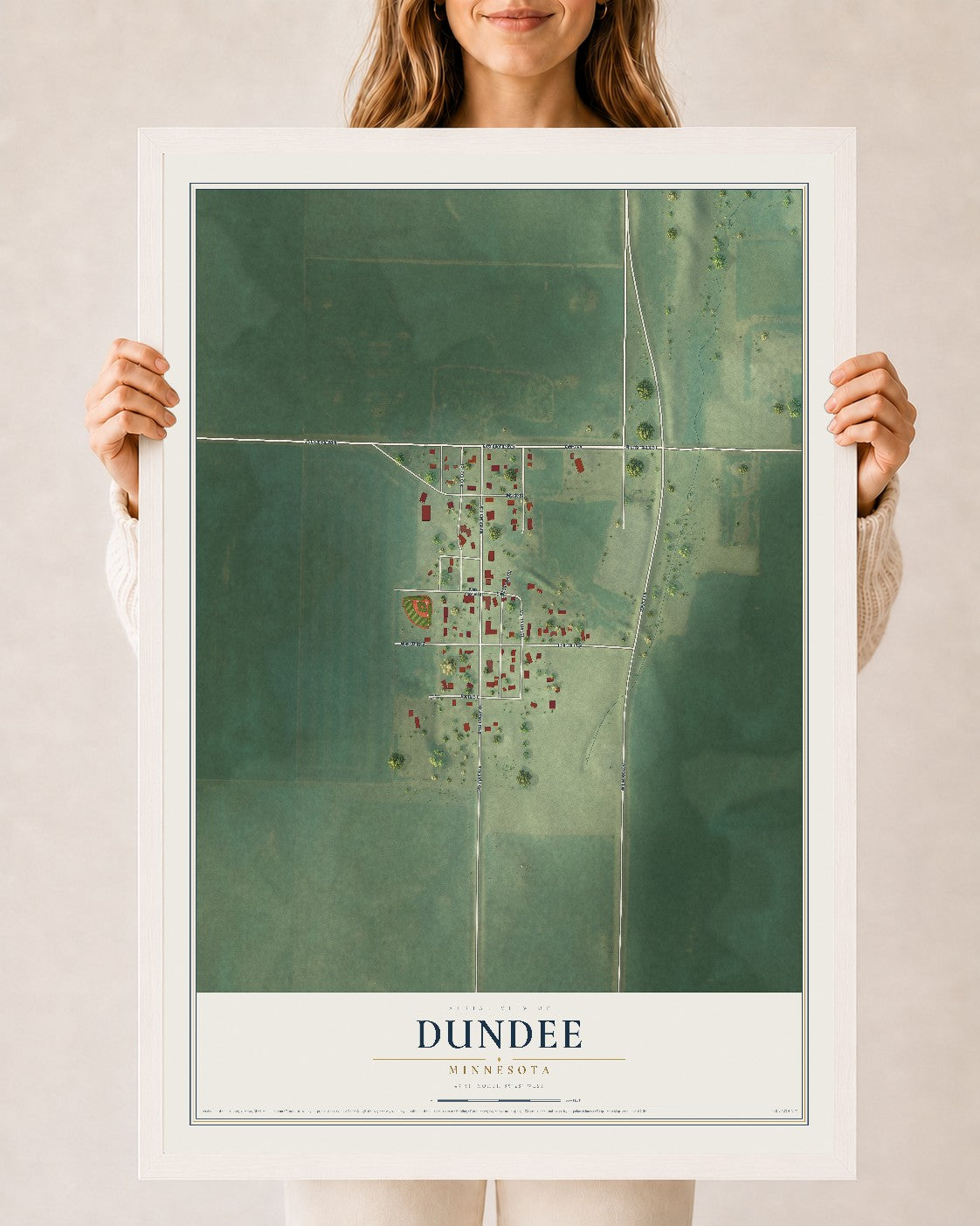 Map of Dundee, Minnesota, 24 x 36 inch print in a white wood frame