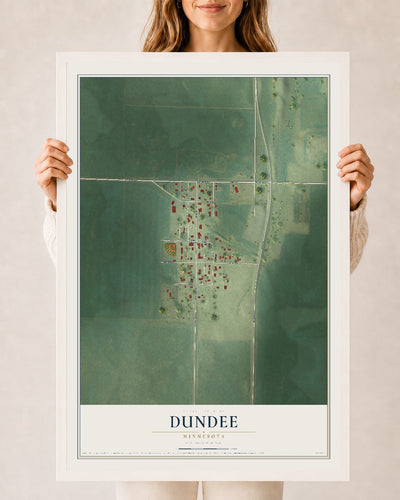 Map of Dundee, Minnesota, 24 x 36 inch print in a white wood frame