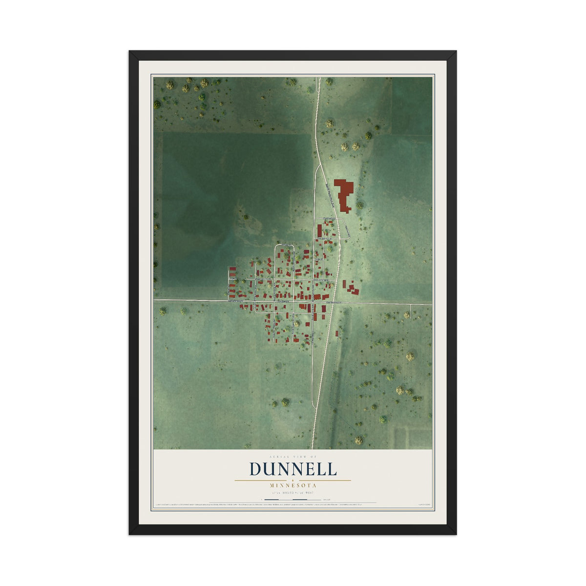 Map of Dunnell, Minnesota, 12 x 18 inch print in a black wood frame
