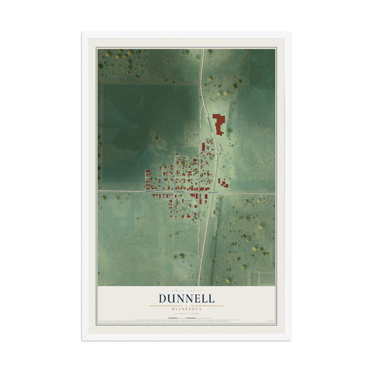 Map of Dunnell, Minnesota, 12 x 18 inch print in a white wood frame