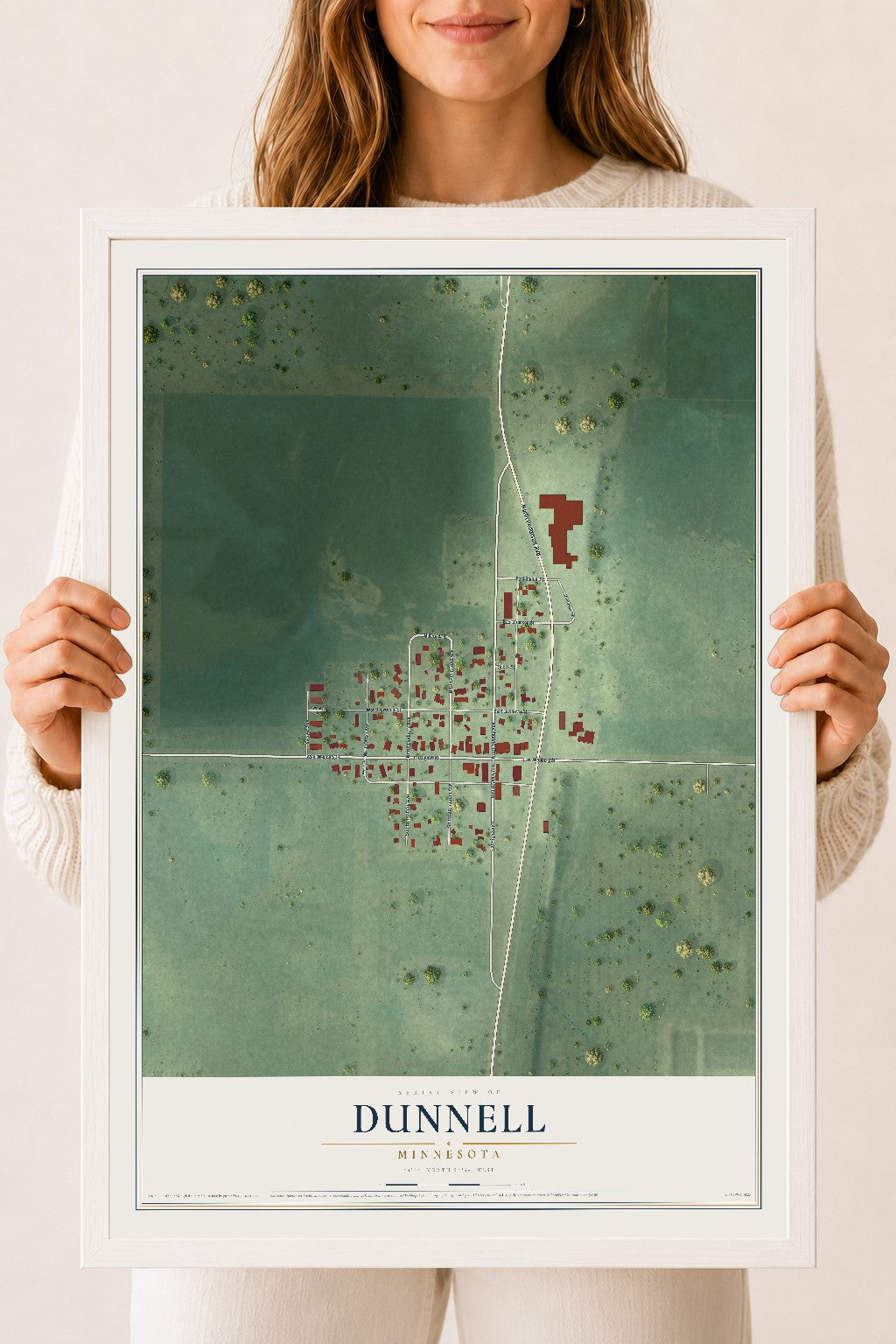 Map of Dunnell, Minnesota, 18 x 24 inch print in a white wood frame