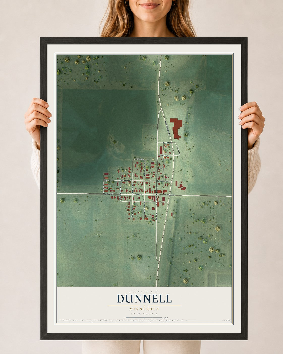 Map of Dunnell, Minnesota, 24 x 36 inch print in a black wood frame