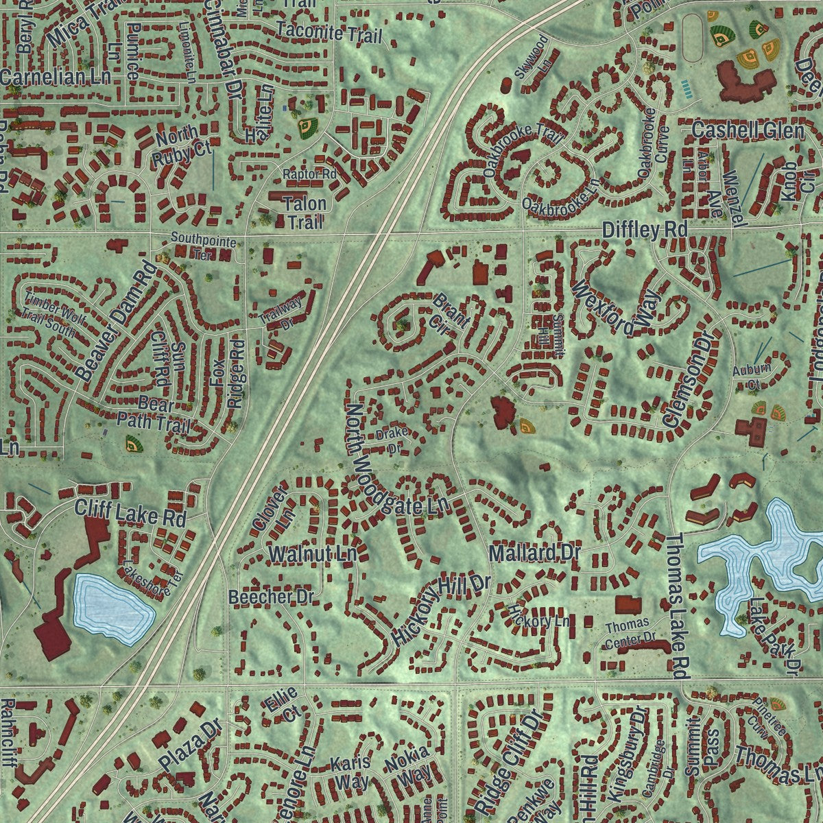 Close-up of the map of Eagan, Minnesota print showing street and building detail