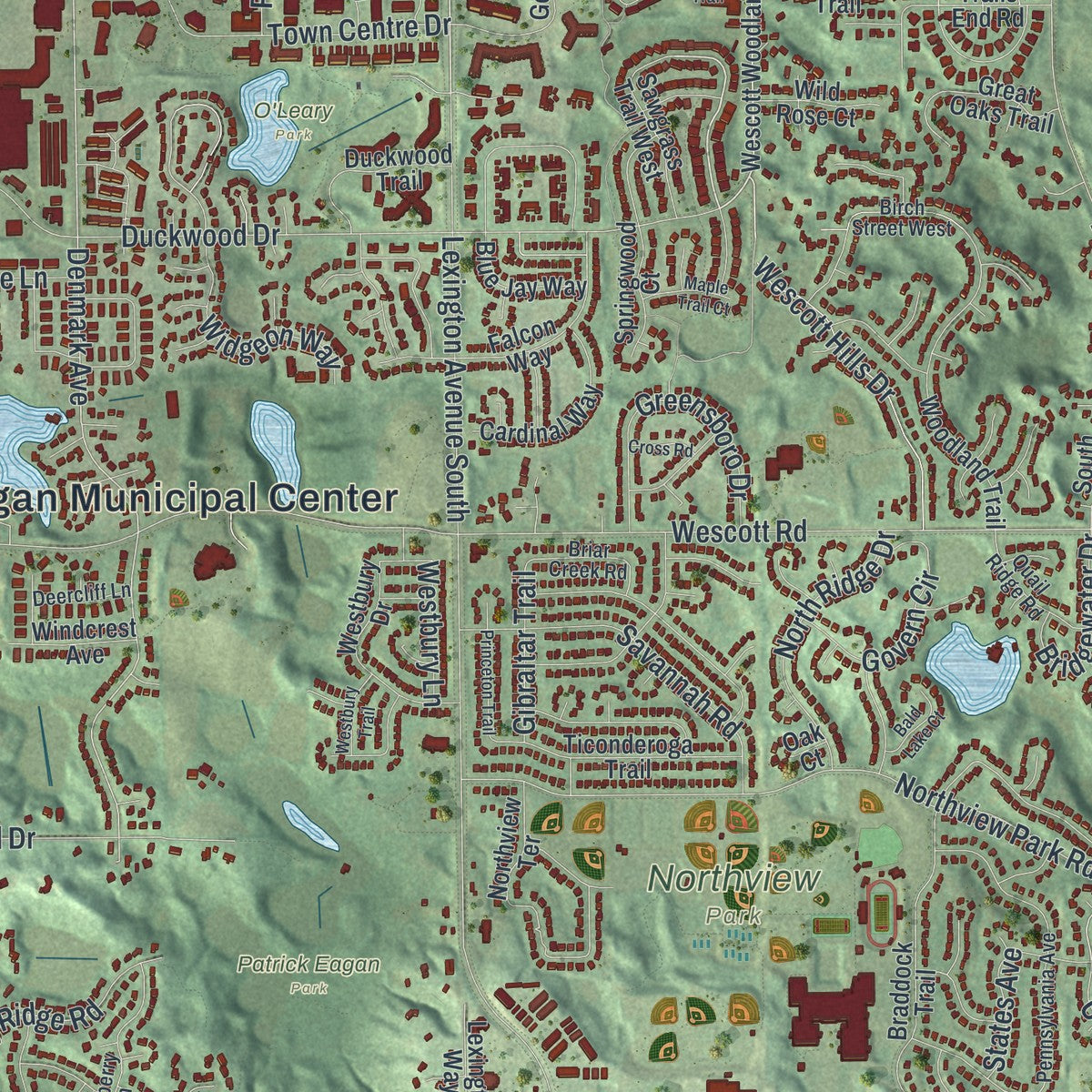 Second close-up of the map of Eagan, Minnesota print showing more streets and buildings