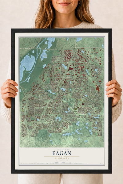 Map of Eagan, Minnesota, 18 x 24 inch print in a black wood frame