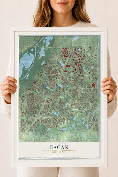 Map of Eagan, Minnesota, 18 x 24 inch print in a white wood frame