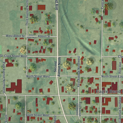 Close-up of the map of Eagle Bend, Minnesota print showing street and building detail