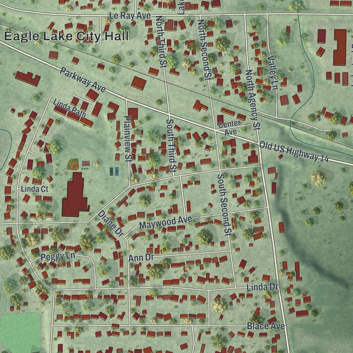 Close-up of the map of Eagle Lake, Minnesota print showing street and building detail
