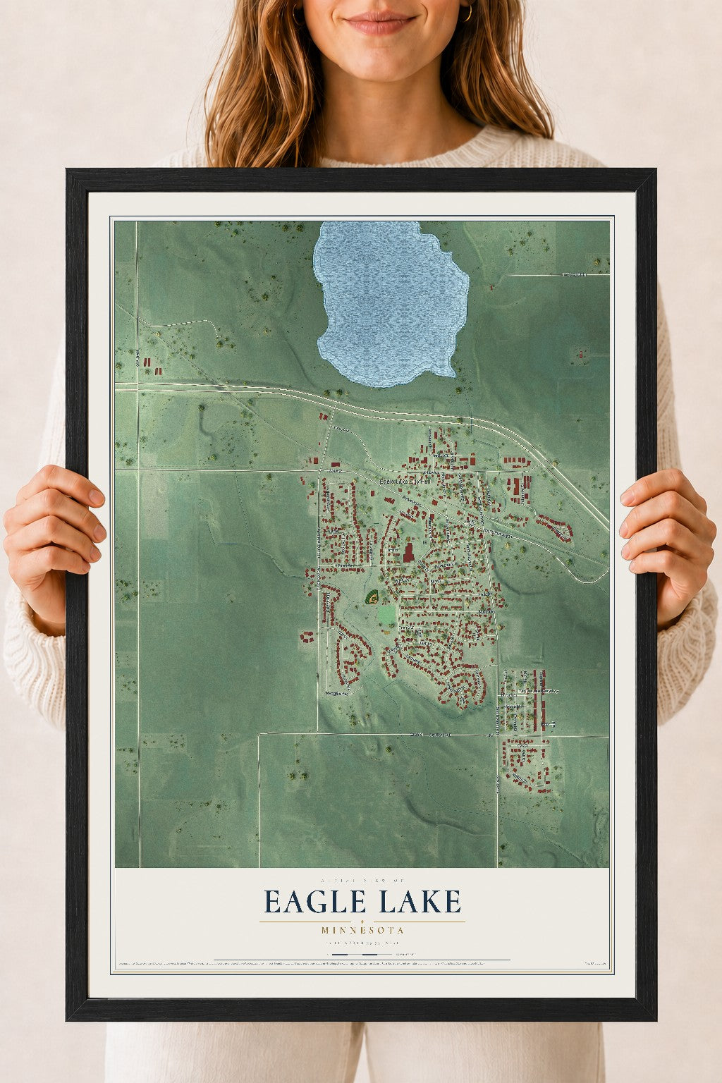 Map of Eagle Lake, Minnesota, 18 x 24 inch print in a black wood frame