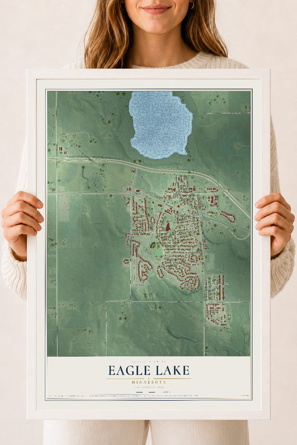 Map of Eagle Lake, Minnesota, 18 x 24 inch print in a white wood frame