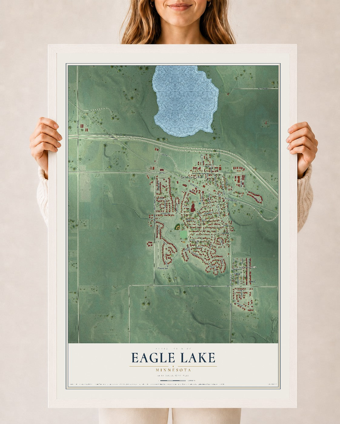 Map of Eagle Lake, Minnesota, 24 x 36 inch print in a white wood frame