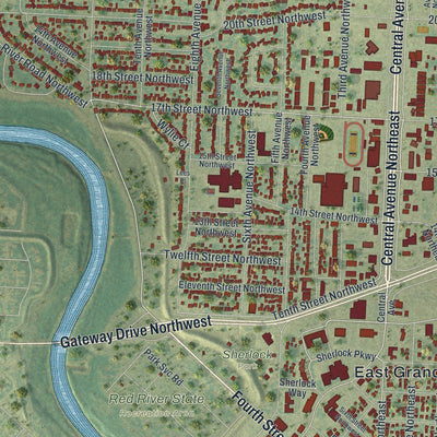 Close-up of the map of East Grand Forks, Minnesota print showing street and building detail