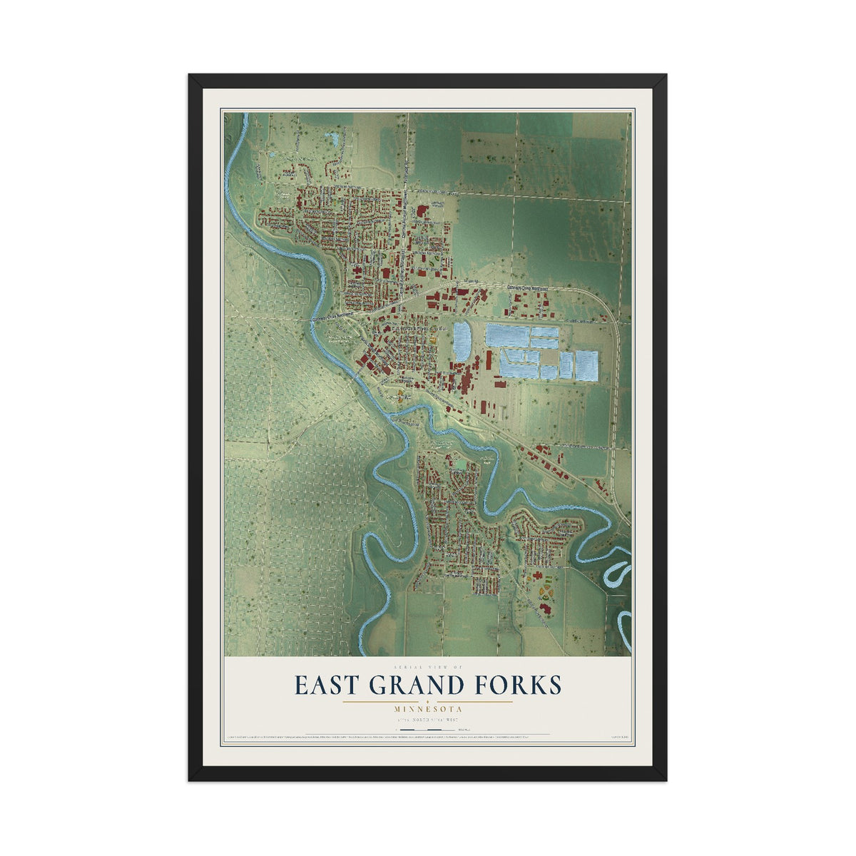 Map of East Grand Forks, Minnesota, 12 x 18 inch print in a black wood frame
