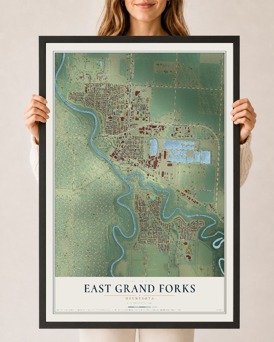 Map of East Grand Forks, Minnesota, 24 x 36 inch print in a black wood frame