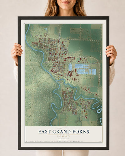 Map of East Grand Forks, Minnesota, 24 x 36 inch print in a black wood frame