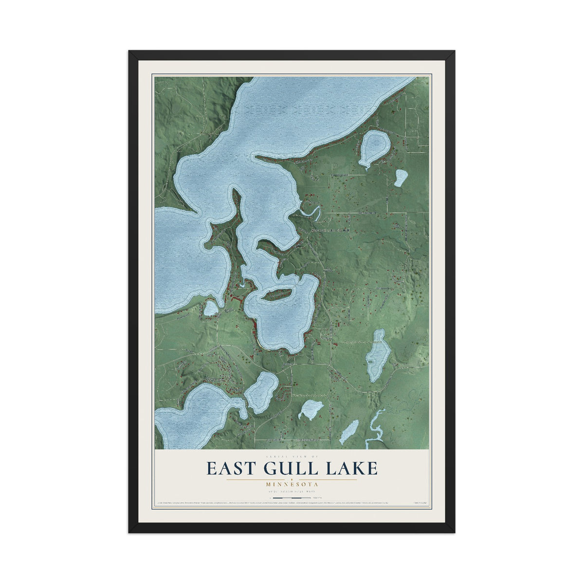 Map of East Gull Lake, Minnesota, 12 x 18 inch print in a black wood frame