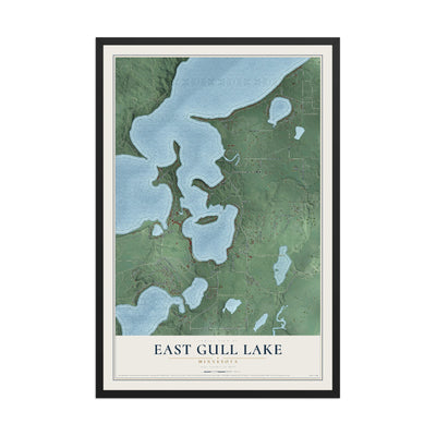 Map of East Gull Lake, Minnesota, 12 x 18 inch print in a black wood frame