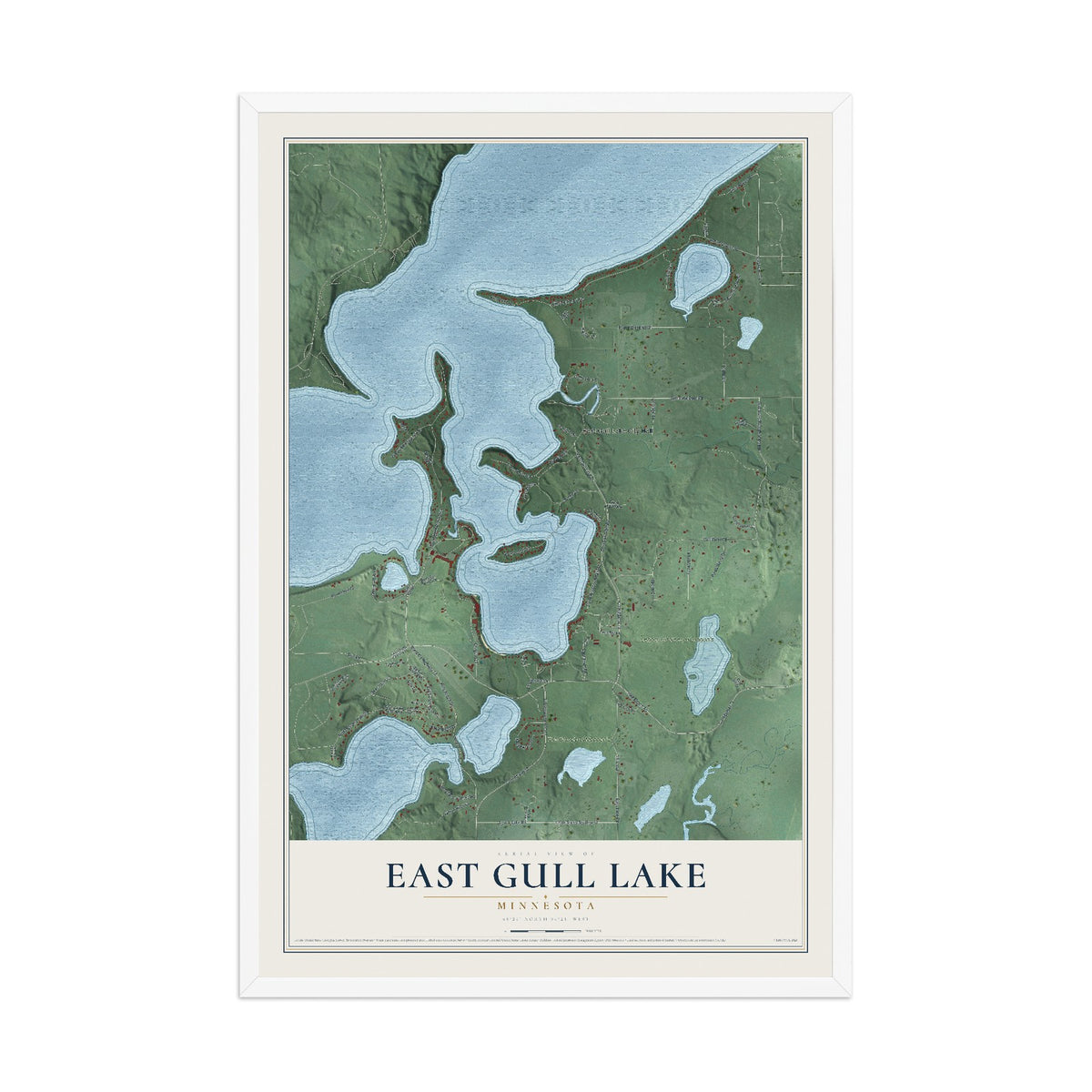 Map of East Gull Lake, Minnesota, 12 x 18 inch print in a white wood frame