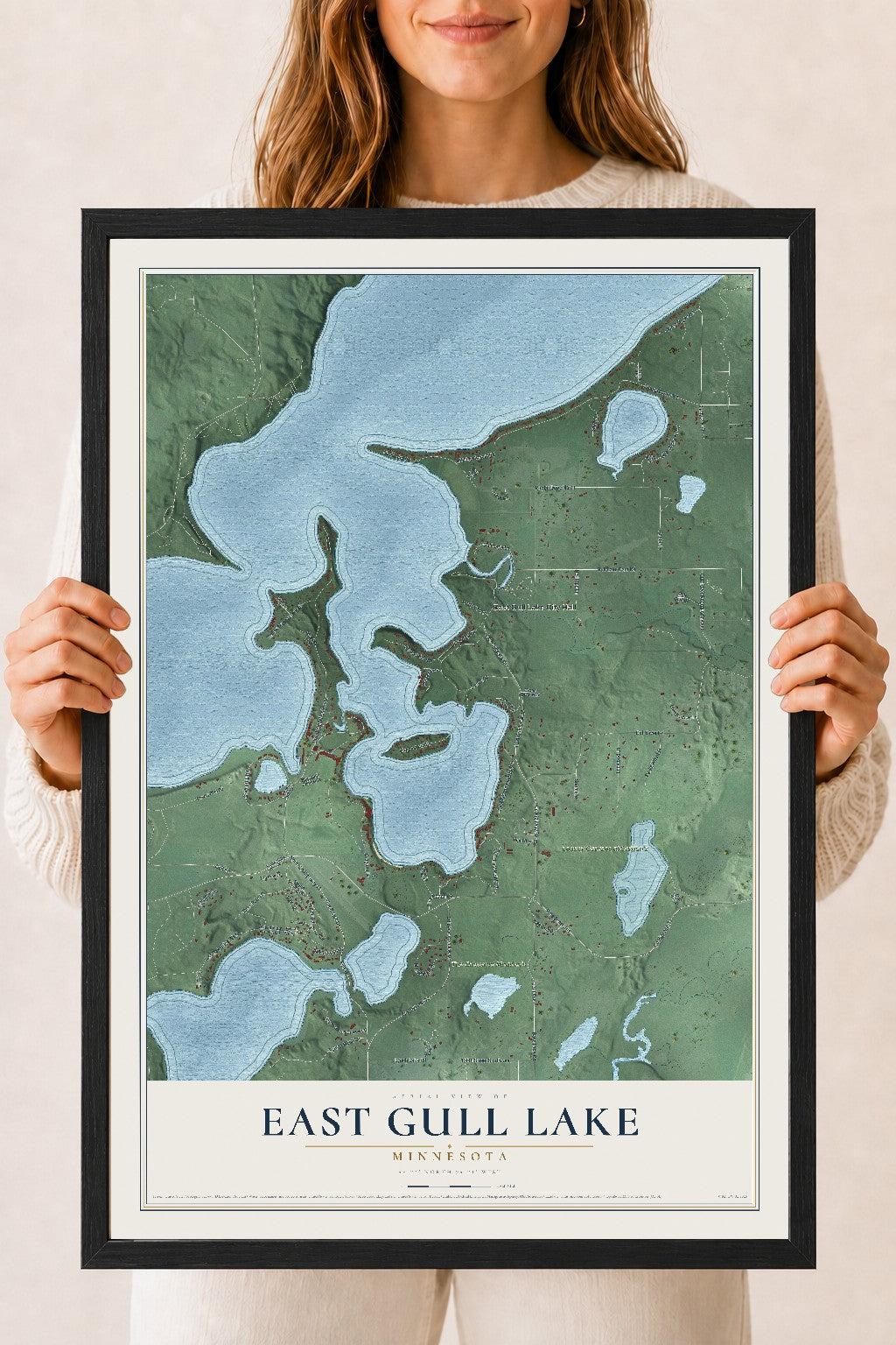 Map of East Gull Lake, Minnesota, 18 x 24 inch print in a black wood frame