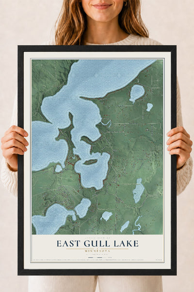 Map of East Gull Lake, Minnesota, 18 x 24 inch print in a black wood frame