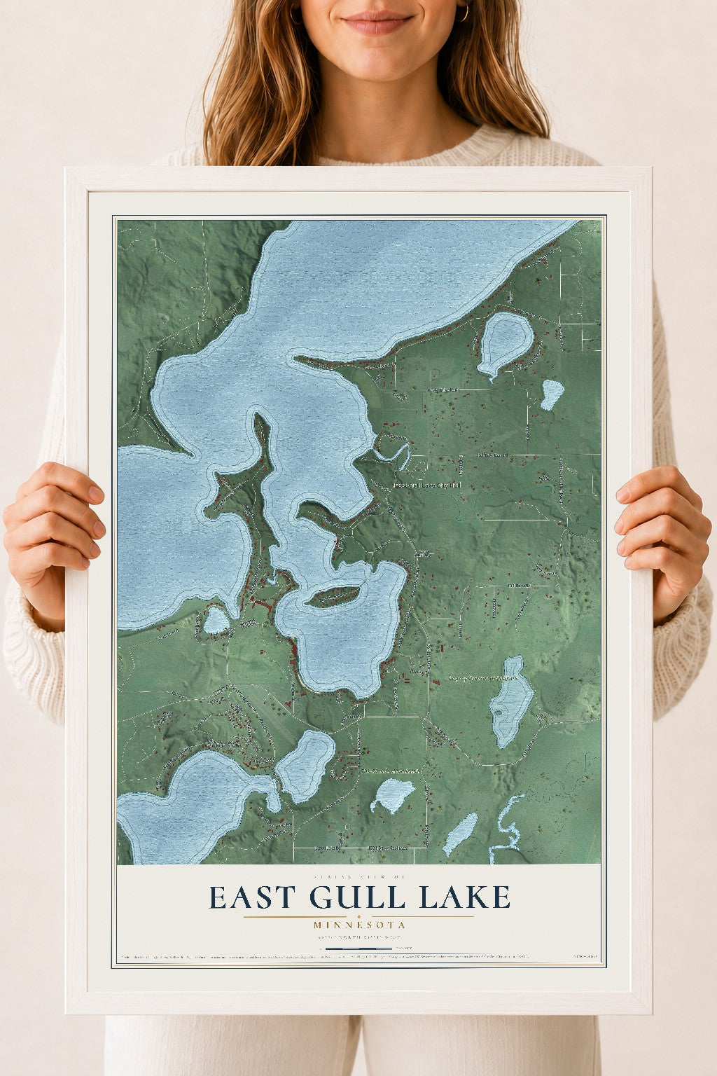 Map of East Gull Lake, Minnesota, 18 x 24 inch print in a white wood frame