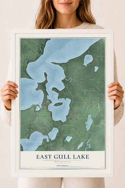 Map of East Gull Lake, Minnesota, 18 x 24 inch print in a white wood frame