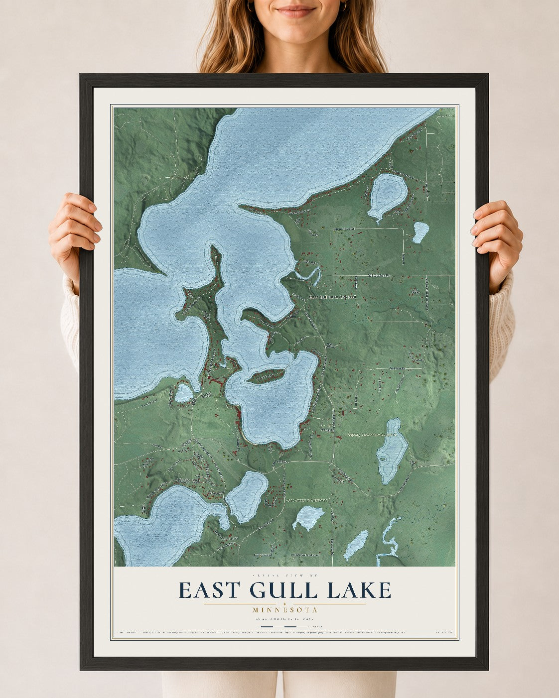 Map of East Gull Lake, Minnesota, 24 x 36 inch print in a black wood frame